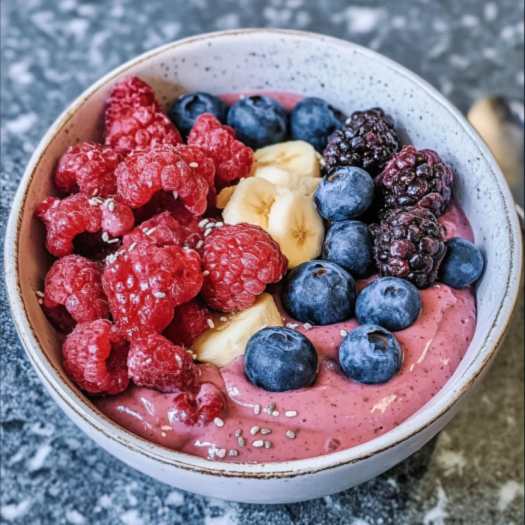 A vibrant keto acai bowl topped with fresh berries, coconut flakes, and chia seeds, served in a bowl on a light brown table.