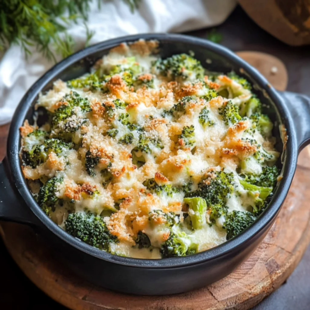 A creamy and cheesy keto broccoli casserole topped with golden-brown melted cheese, served in a white baking dish with fresh broccoli florets around it.