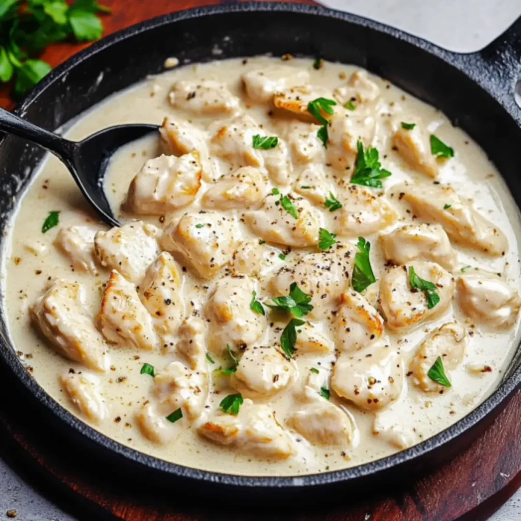 A creamy plate of keto chicken Alfredo garnished with fresh parsley and served in a white bowl, perfect for a low-carb meal.