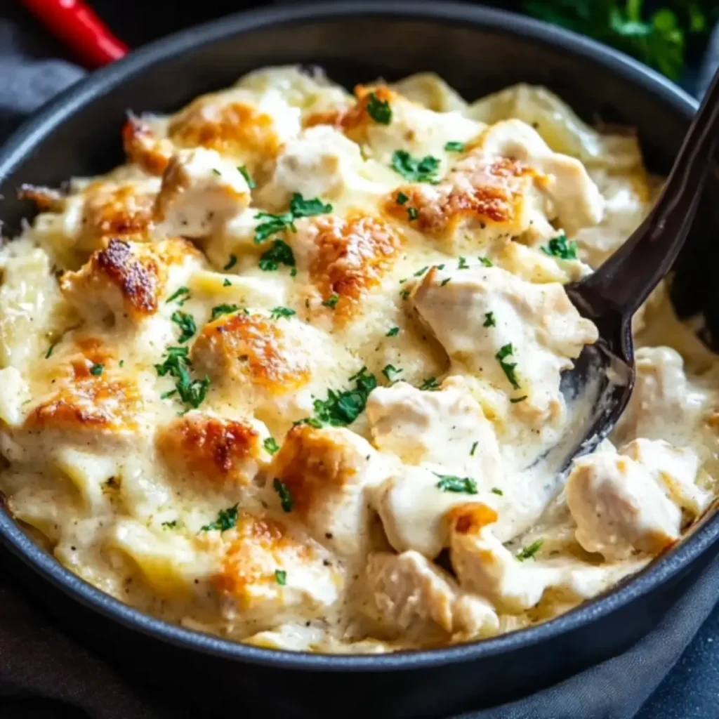 A golden-brown keto chicken Alfredo casserole served in a baking dish, topped with melted cheese and garnished with fresh parsley.