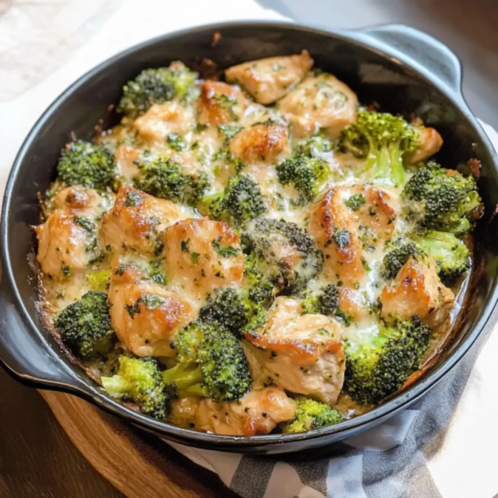 A freshly baked keto chicken broccoli casserole topped with melted cheese and garnished with fresh parsley, served in a white casserole dish.