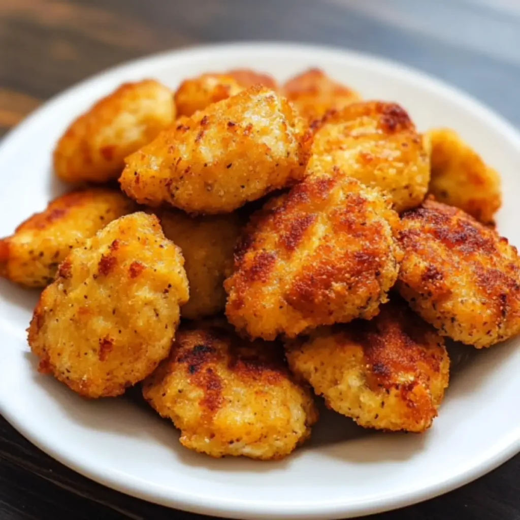 A plate of golden, crispy keto chicken nuggets served with a side of low-carb dipping sauce and garnished with fresh parsley.