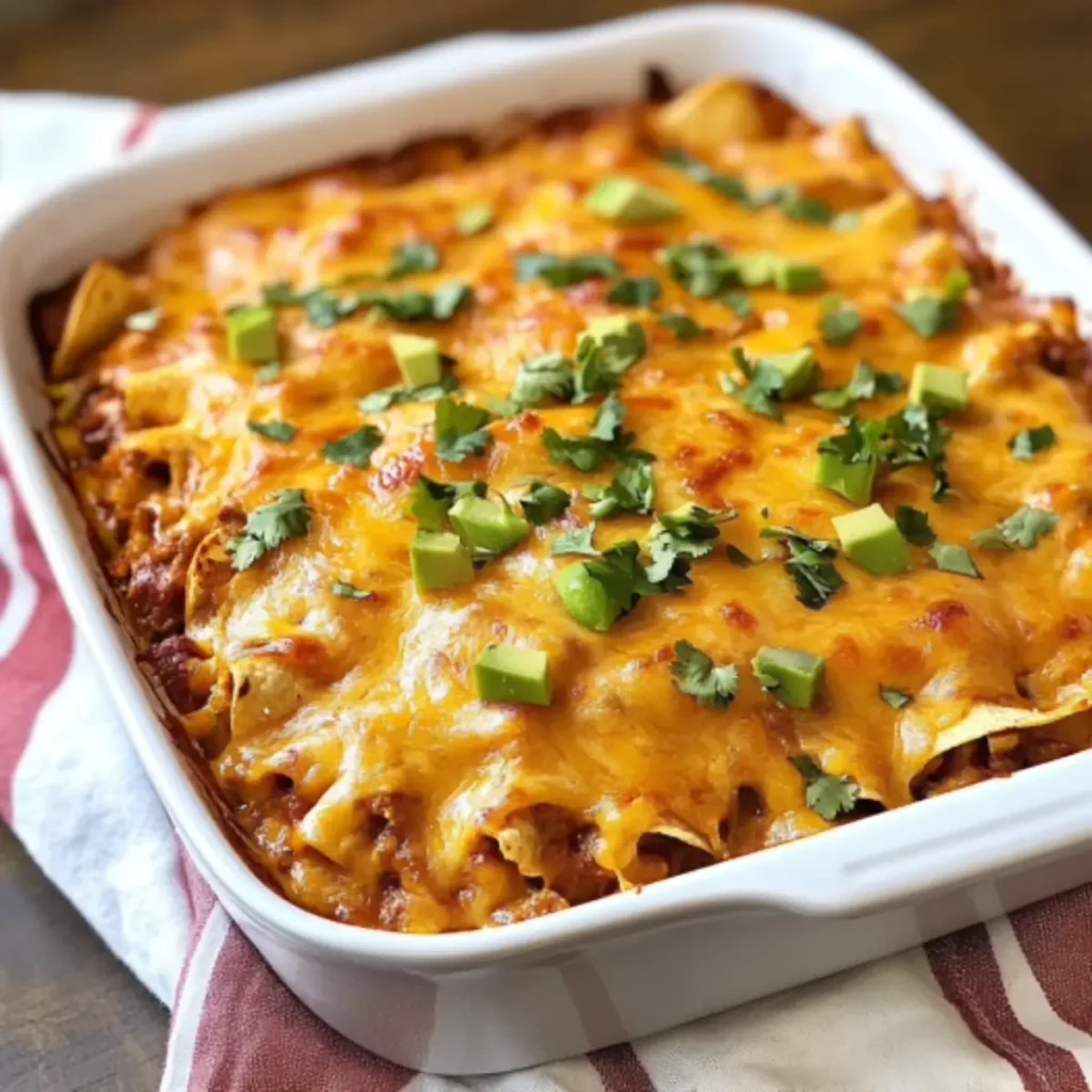A freshly baked keto enchilada casserole topped with melted cheese, fresh cilantro, and a sprinkle of red pepper flakes, served in a rectangular baking dish.