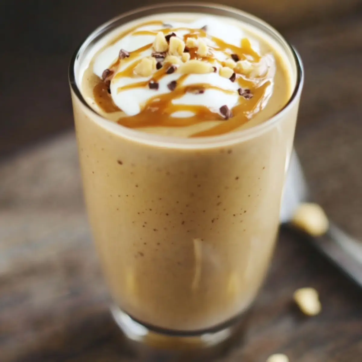 A creamy keto peanut butter smoothie in a glass topped with crushed peanuts and a straw, placed on a light brown table.