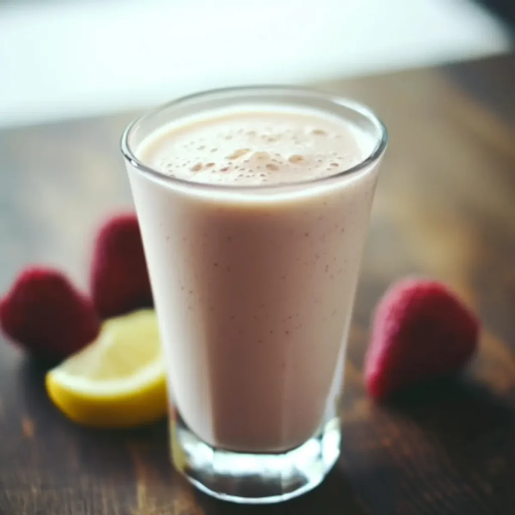 A creamy, refreshing Keto Protein Shake in a glass, topped with fresh raspberries and a lemon slice, perfect for a low-carb, high-protein snack or breakfast."