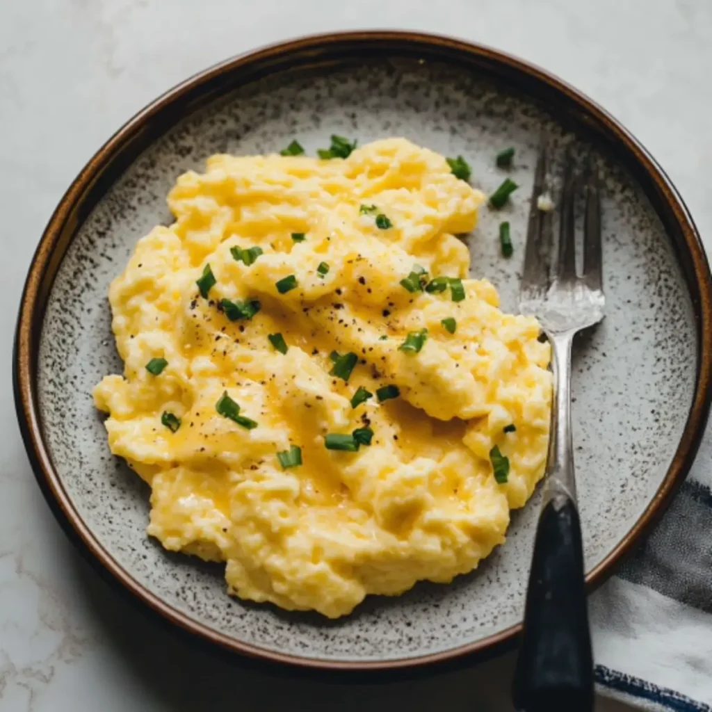 A plate of creamy cheesy scrambled eggs garnished with fresh parsley and served on a wooden table.
