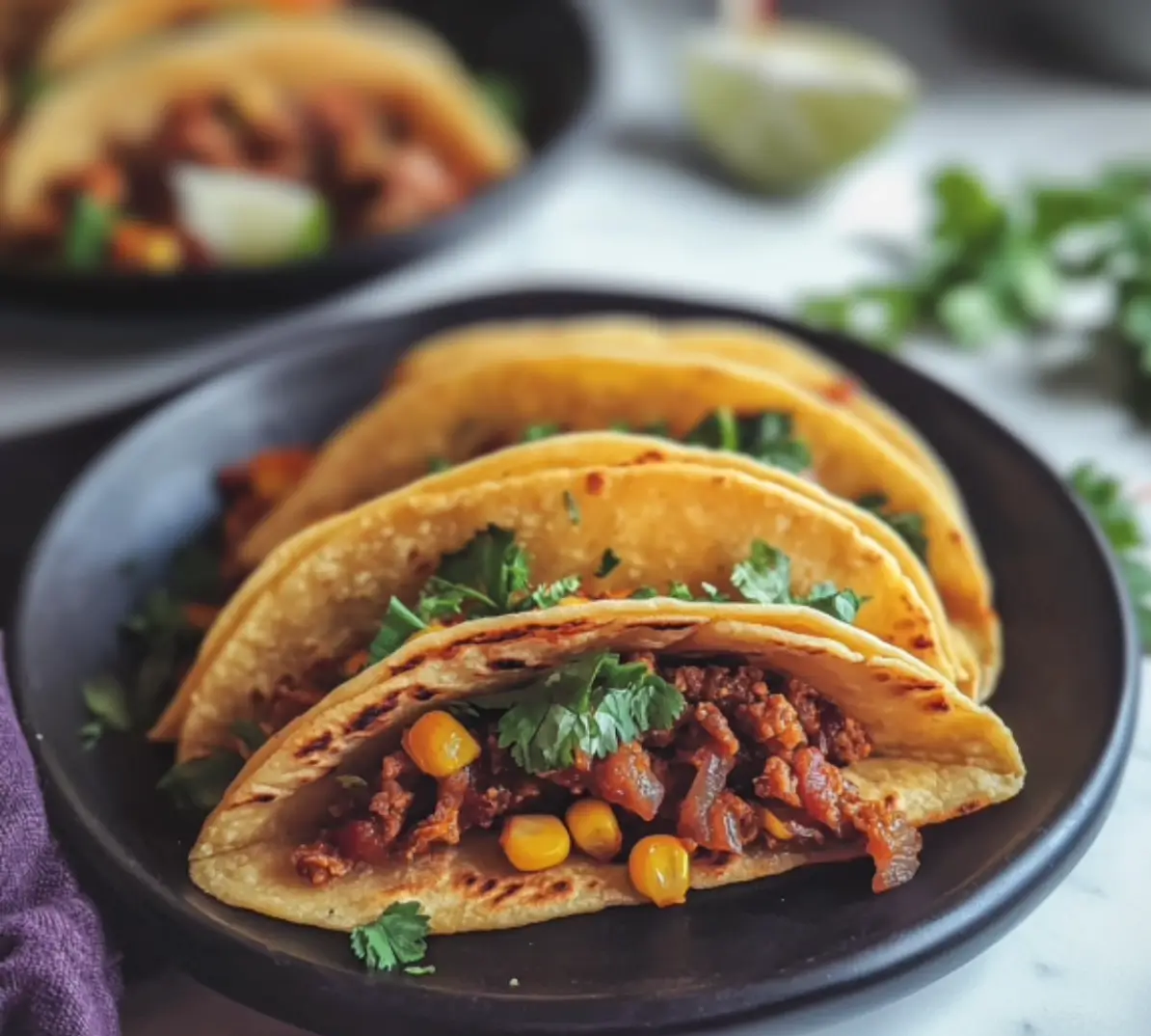 A stack of golden-brown keto corn tortillas on a wooden plate, garnished with fresh cilantro, with a small bowl of salsa on the side.