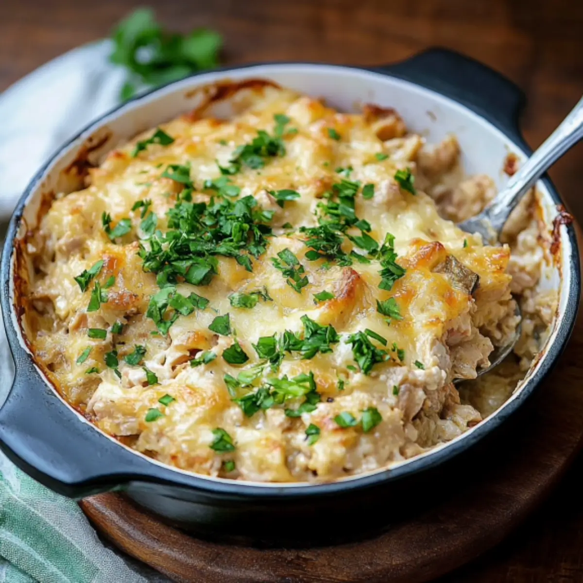A baked keto tuna casserole served in a white dish, topped with melted cheese and garnished with fresh parsley.
