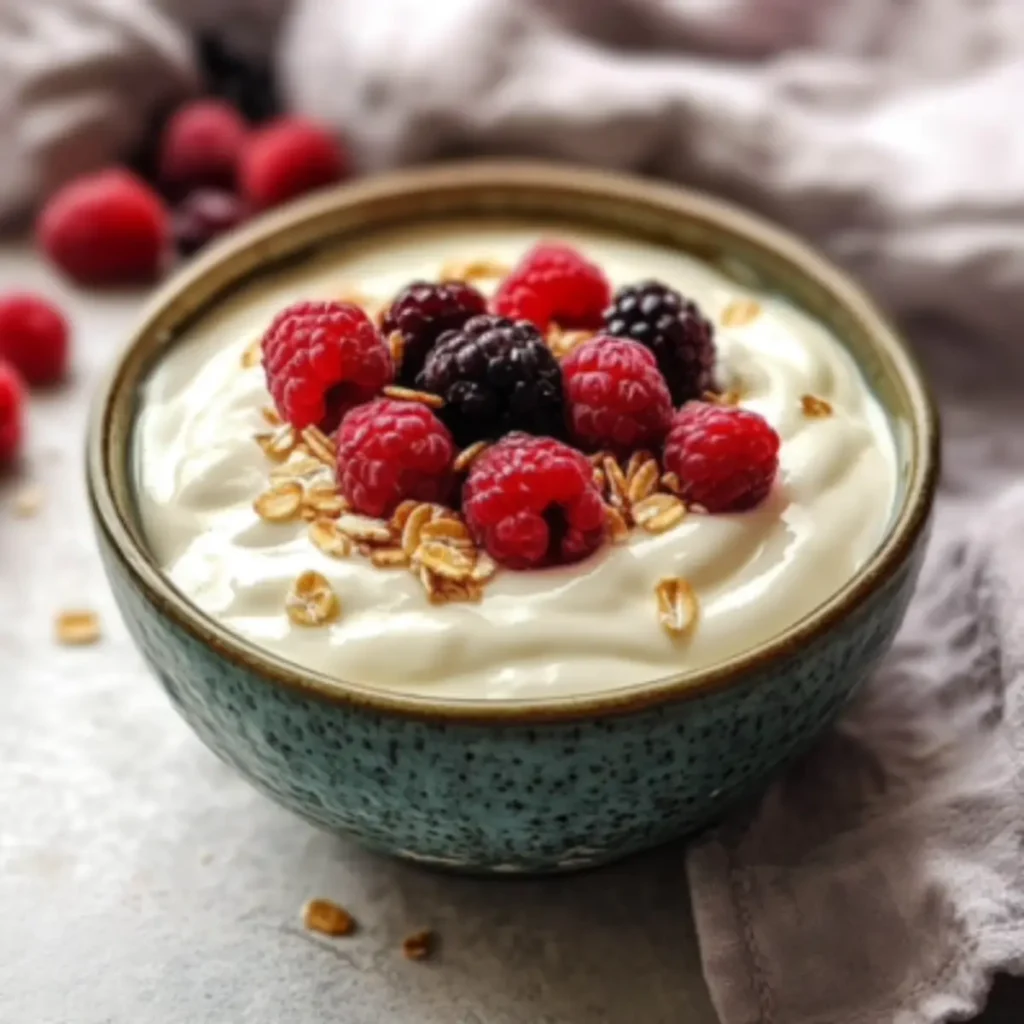 A creamy bowl of keto yogurt topped with fresh berries, chopped nuts, and a drizzle of sugar-free syrup on a light brown table.
