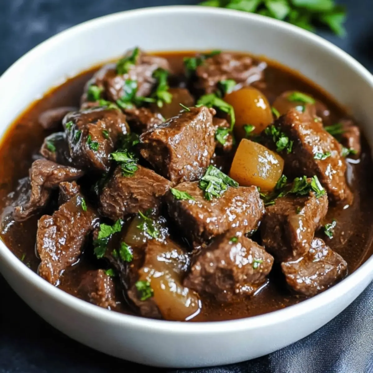 A bowl of keto-friendly beef heart stew with a rich, savory broth, garnished with fresh herbs.