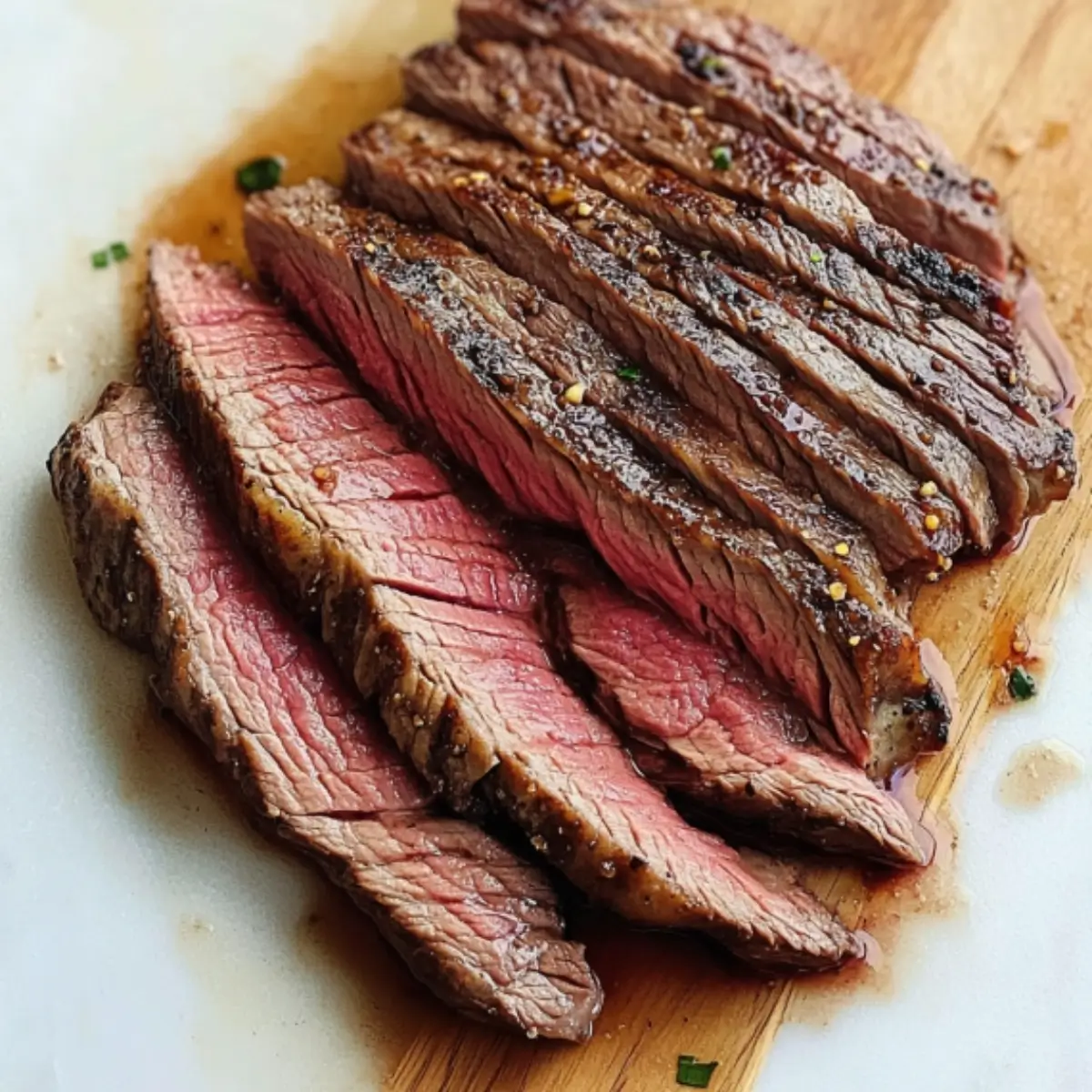 Juicy broiled flank steak sliced on a wooden cutting board, garnished with fresh herbs.