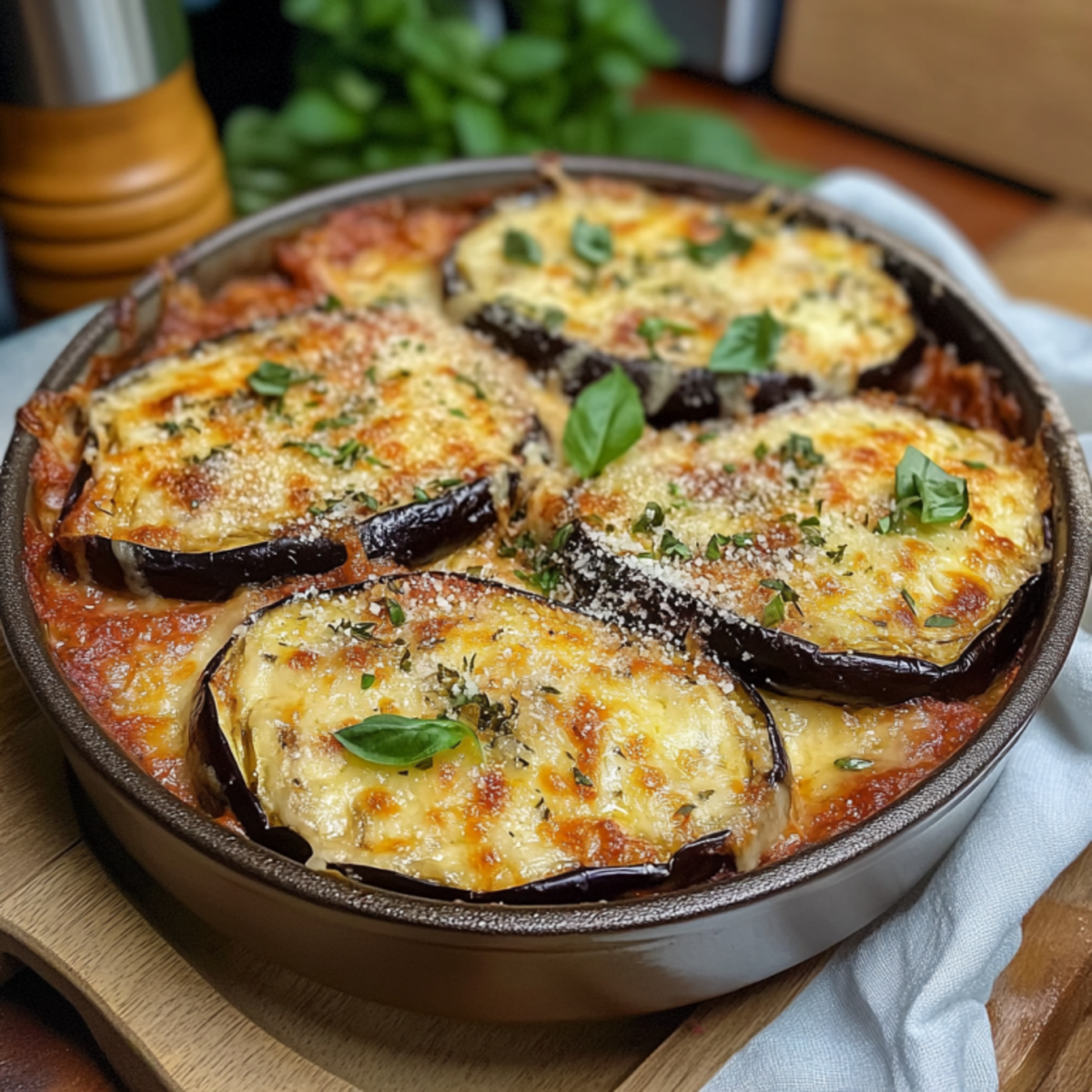A serving of Keto Eggplant Parmesan topped with melted mozzarella cheese and fresh basil, on a white plate.