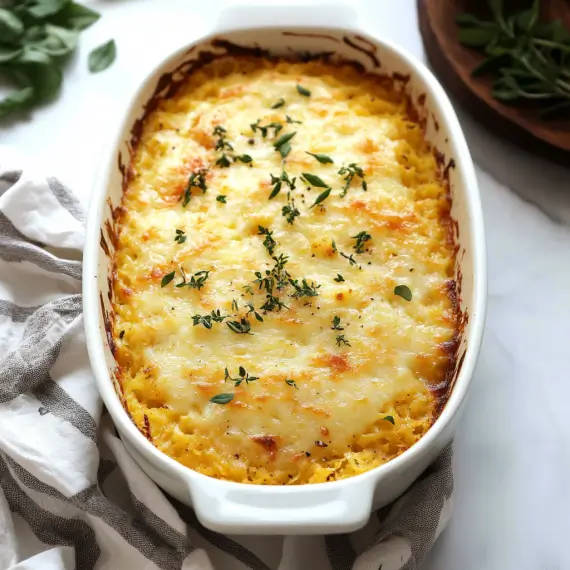 Cheesy spaghetti squash keto casserole in a baking dish, topped with melted cheese.