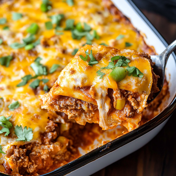 A delicious keto beef enchilada casserole topped with melted cheese, garnished with fresh cilantro, and served in a baking dish.