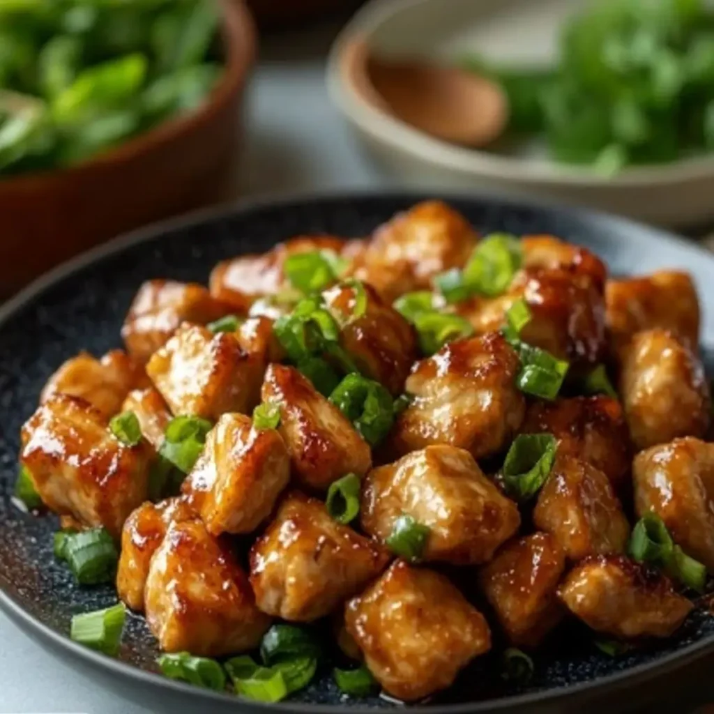 Keto Orange Chicken A plate of keto orange chicken garnished with sesame seeds and green onions, served with a side of cauliflower rice
