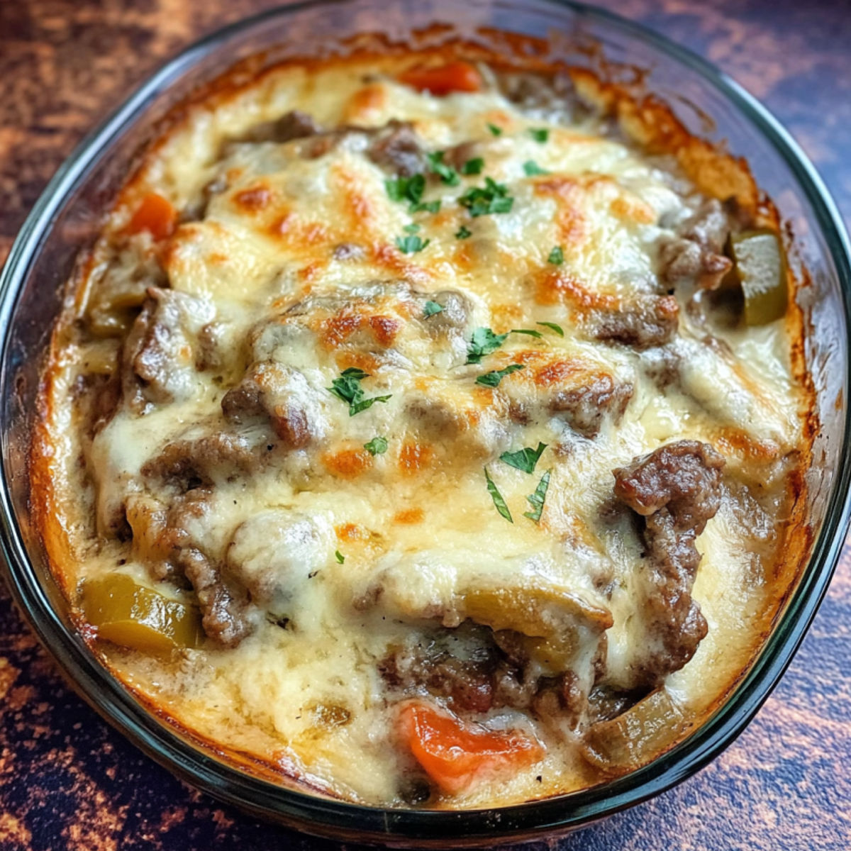 A freshly baked keto Philly cheesesteak casserole in a white baking dish, topped with melted cheese, sautéed peppers, and thinly sliced beef.