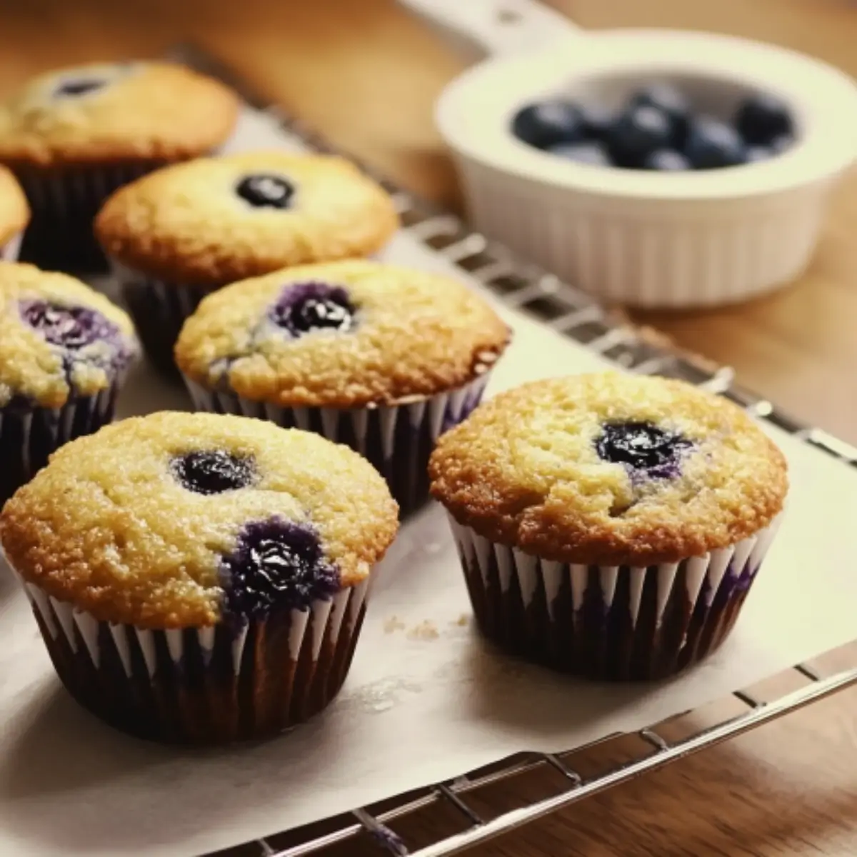 Freshly baked keto blueberry muffins made with almond flour, golden brown and bursting with juicy blueberries.