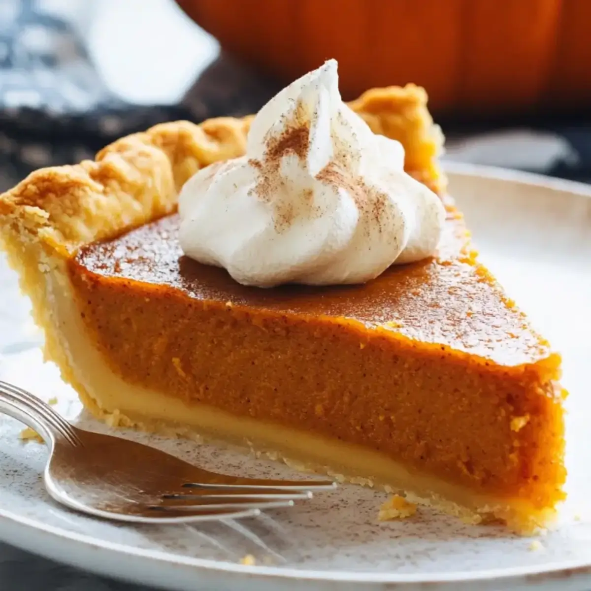 A delicious homemade keto pumpkin pie with a golden, flaky low-carb crust, topped with a dollop of whipped cream.