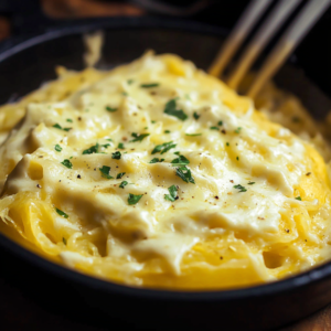 Spaghetti squash Alfredo served in a bowl with creamy Parmesan sauce and garnished with parsley.