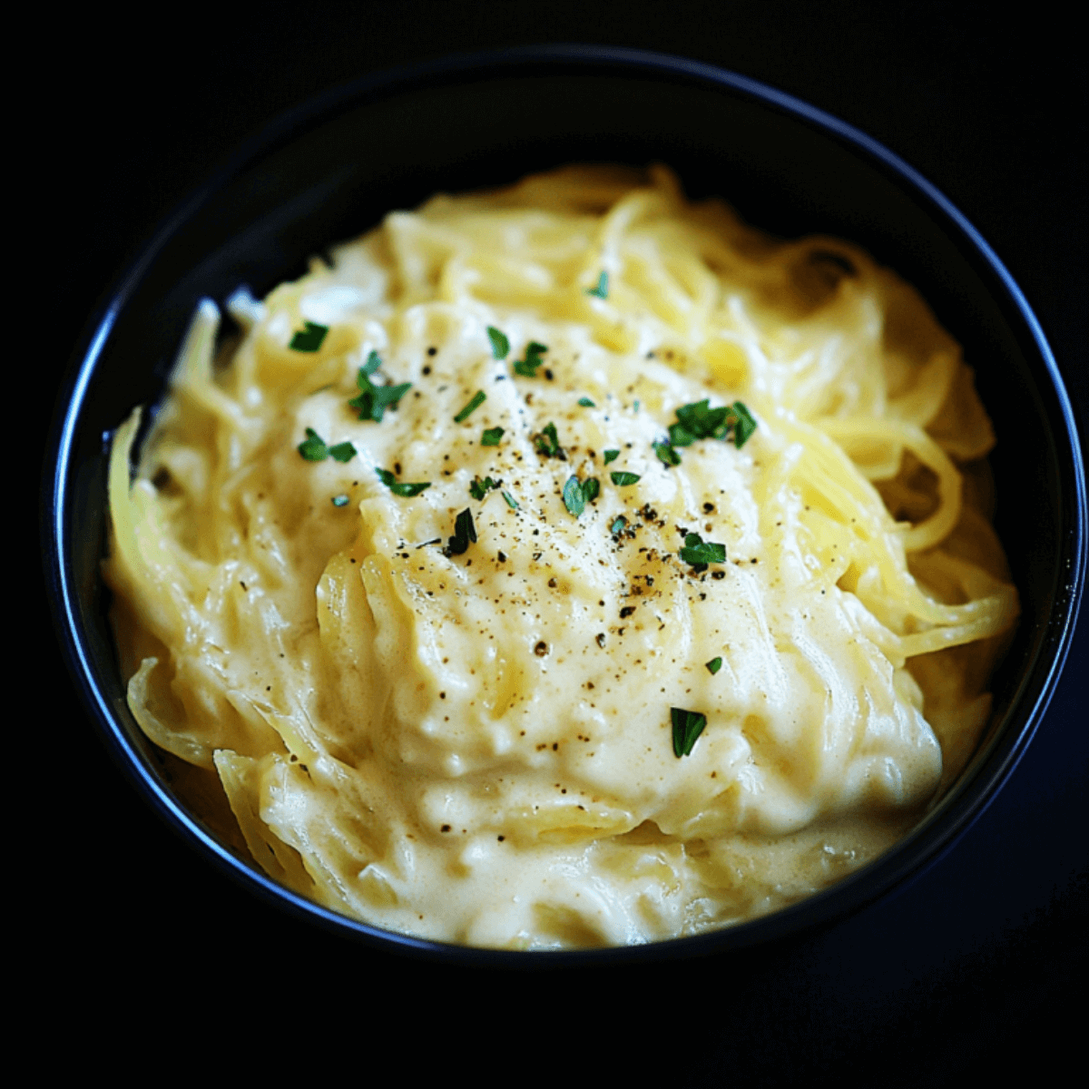 A plate of creamy spaghetti squash Alfredo garnished with fresh parsley, served in a white bowl.