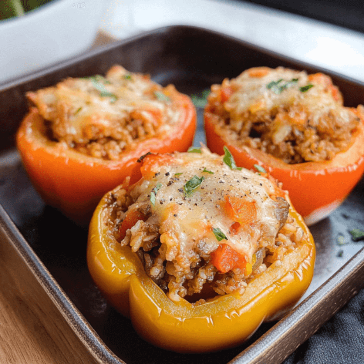 A plate of keto stuffed peppers without rice, filled with a savory mixture of ground meat, cheese, and low-carb vegetables, garnished with fresh herbs.