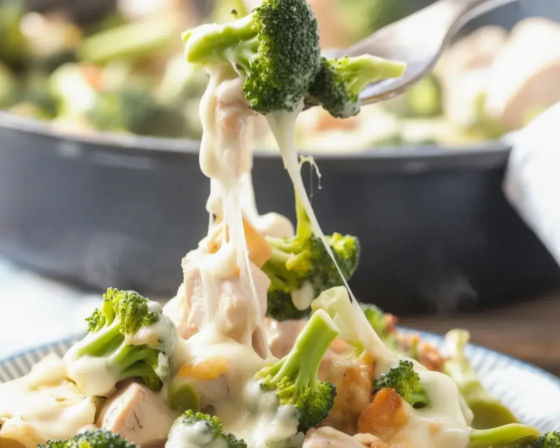 Delicious Keto Chicken Broccoli Casserole topped with cheese and broccoli florets.
