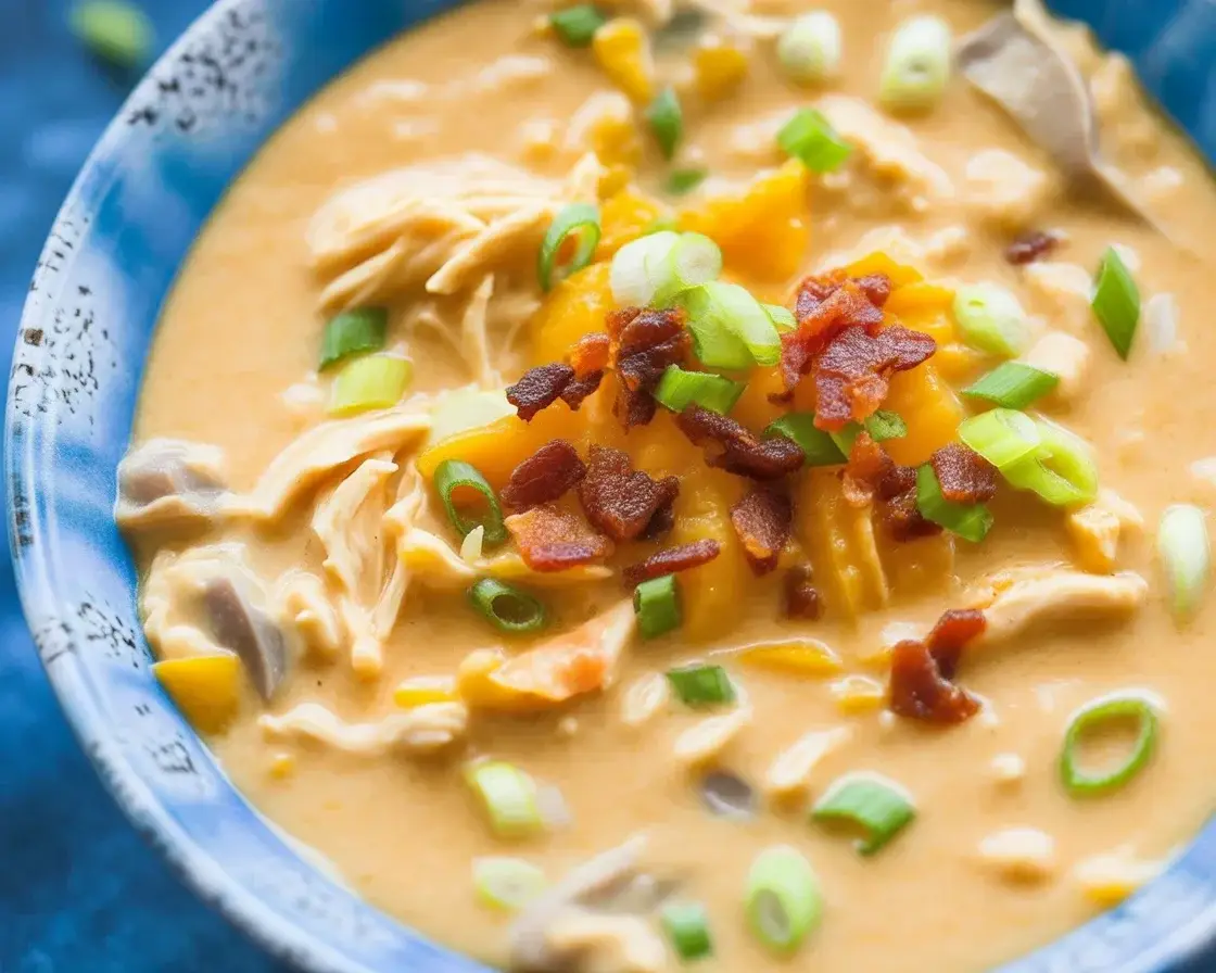 Bowl of creamy buffalo chicken soup garnished with green onions and crumbled blue cheese.