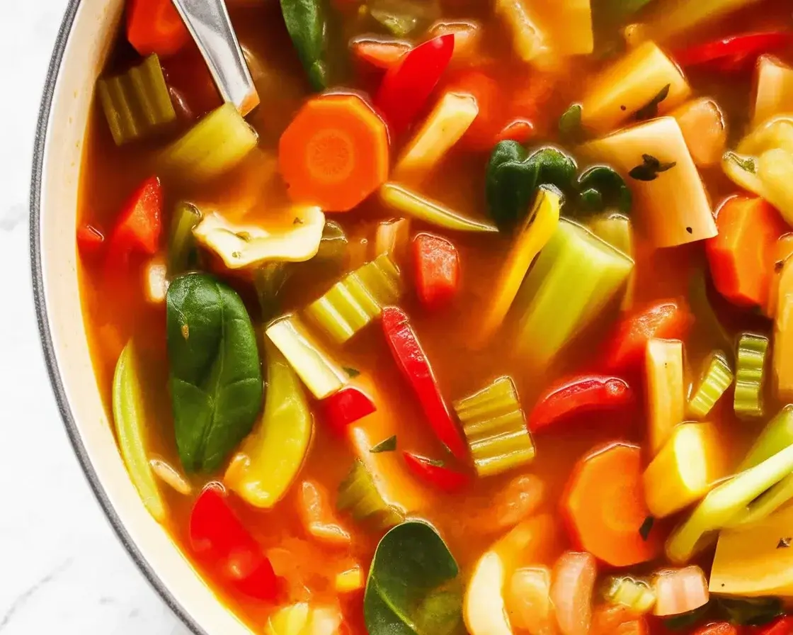 Bowl of spicy cabbage soup filled with vibrant vegetables and spices.