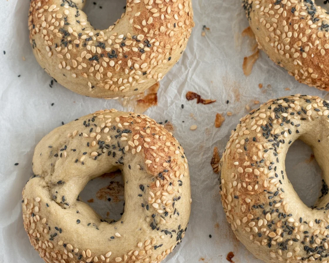 Two delicious freshly baked Almond Flour Bagels made with almond flour and Greek yogurt.